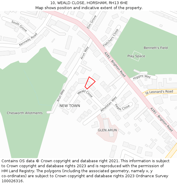 10, WEALD CLOSE, HORSHAM, RH13 6HE: Location map and indicative extent of plot