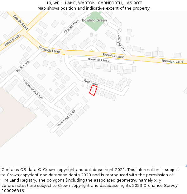 10, WELL LANE, WARTON, CARNFORTH, LA5 9QZ: Location map and indicative extent of plot