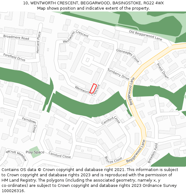 10, WENTWORTH CRESCENT, BEGGARWOOD, BASINGSTOKE, RG22 4WX: Location map and indicative extent of plot