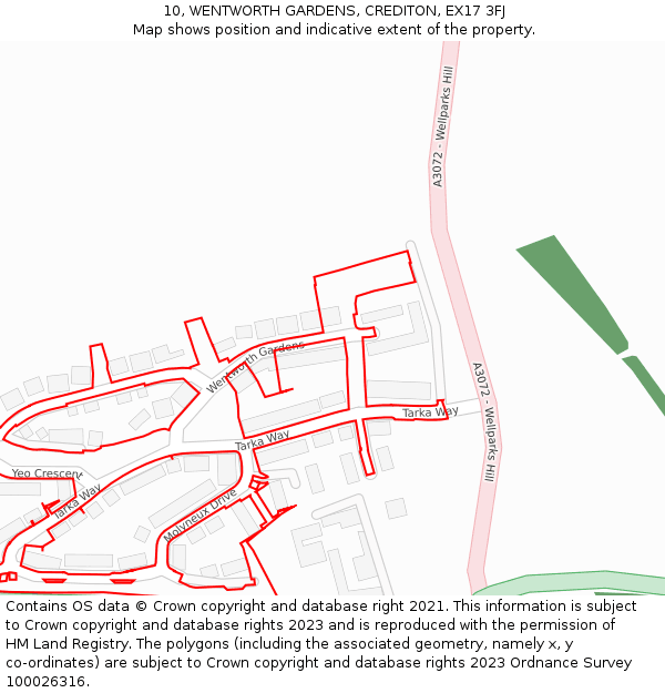 10, WENTWORTH GARDENS, CREDITON, EX17 3FJ: Location map and indicative extent of plot