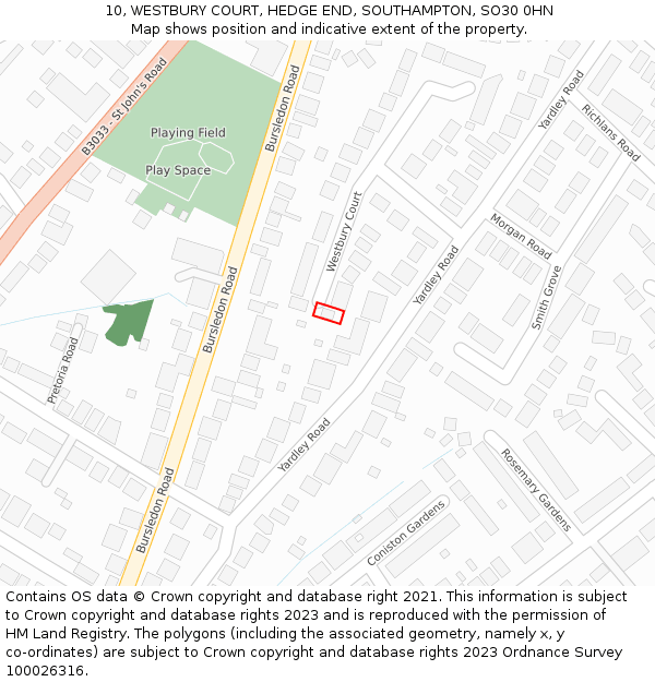 10, WESTBURY COURT, HEDGE END, SOUTHAMPTON, SO30 0HN: Location map and indicative extent of plot