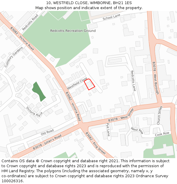 10, WESTFIELD CLOSE, WIMBORNE, BH21 1ES: Location map and indicative extent of plot