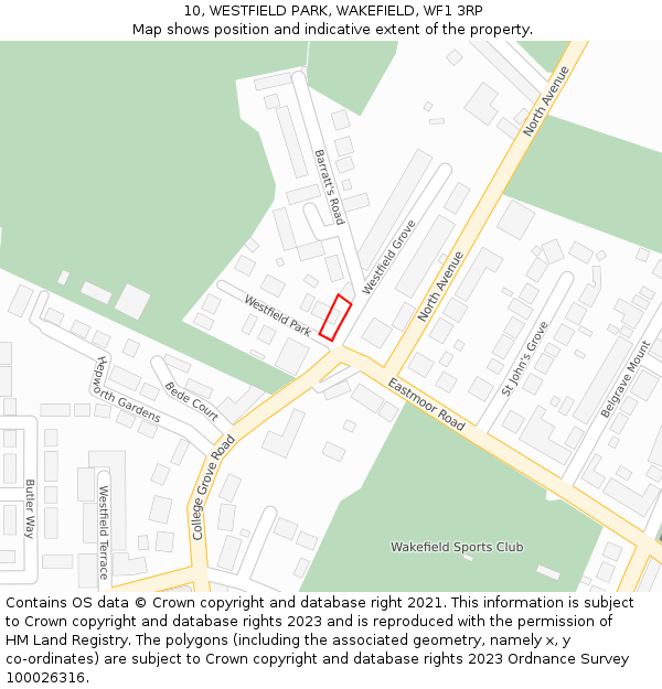 10, WESTFIELD PARK, WAKEFIELD, WF1 3RP: Location map and indicative extent of plot