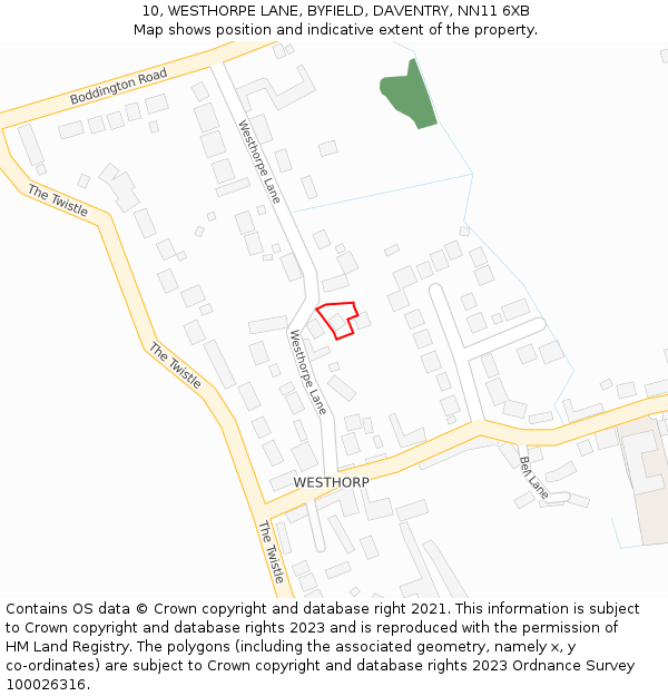 10, WESTHORPE LANE, BYFIELD, DAVENTRY, NN11 6XB: Location map and indicative extent of plot