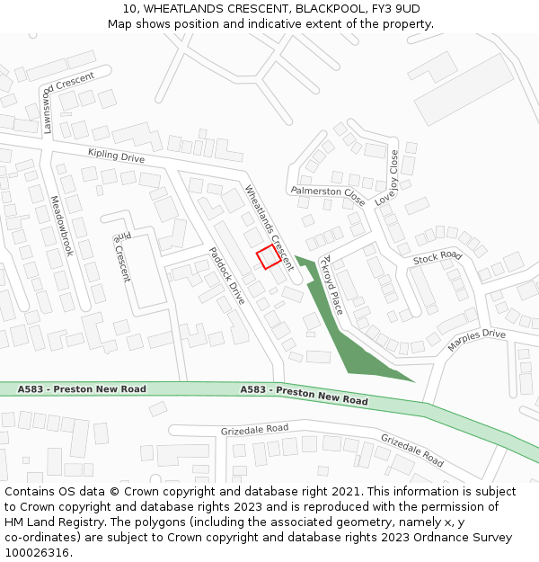 10, WHEATLANDS CRESCENT, BLACKPOOL, FY3 9UD: Location map and indicative extent of plot