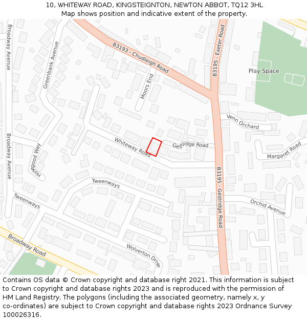 10, WHITEWAY ROAD, KINGSTEIGNTON, NEWTON ABBOT, TQ12 3HL: Location map and indicative extent of plot