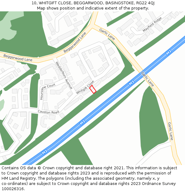 10, WHITGIFT CLOSE, BEGGARWOOD, BASINGSTOKE, RG22 4QJ: Location map and indicative extent of plot