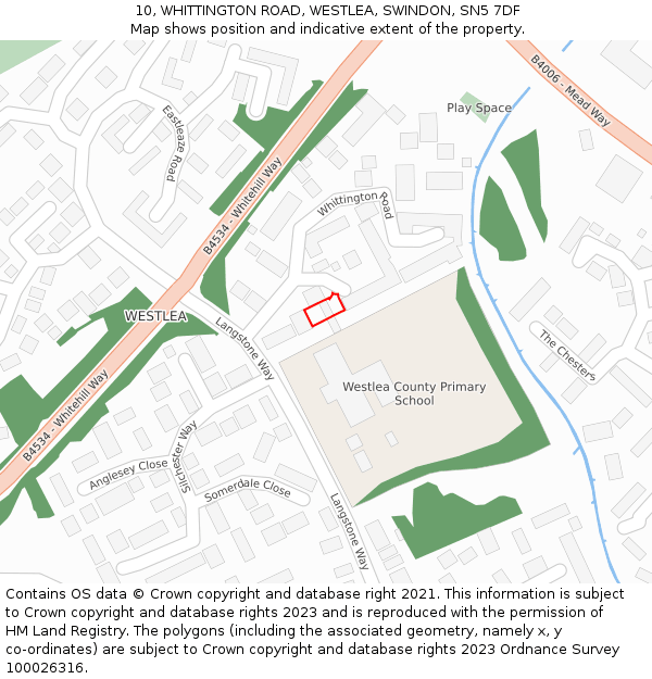 10, WHITTINGTON ROAD, WESTLEA, SWINDON, SN5 7DF: Location map and indicative extent of plot