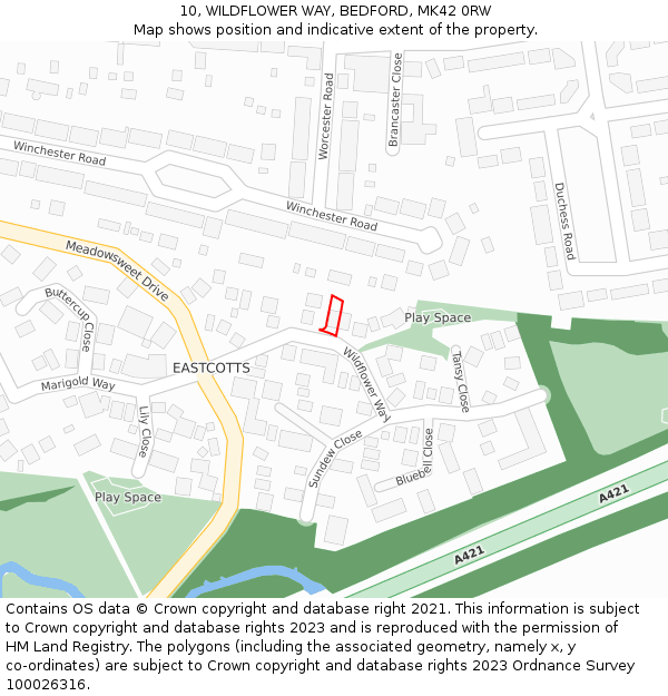 10, WILDFLOWER WAY, BEDFORD, MK42 0RW: Location map and indicative extent of plot