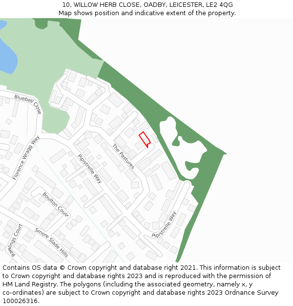10, WILLOW HERB CLOSE, OADBY, LEICESTER, LE2 4QG: Location map and indicative extent of plot