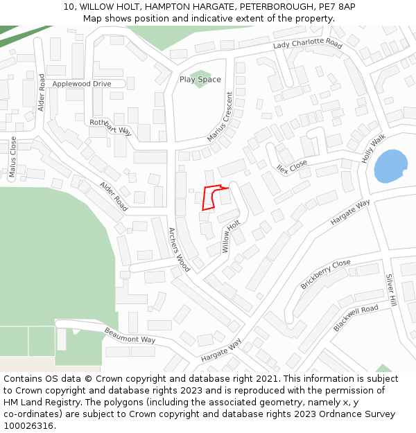 10, WILLOW HOLT, HAMPTON HARGATE, PETERBOROUGH, PE7 8AP: Location map and indicative extent of plot