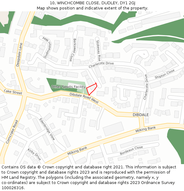 10, WINCHCOMBE CLOSE, DUDLEY, DY1 2GJ: Location map and indicative extent of plot