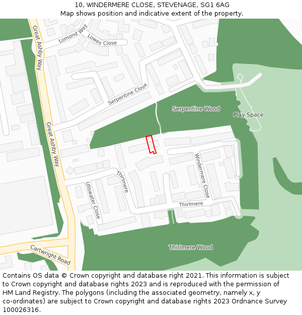 10, WINDERMERE CLOSE, STEVENAGE, SG1 6AG: Location map and indicative extent of plot