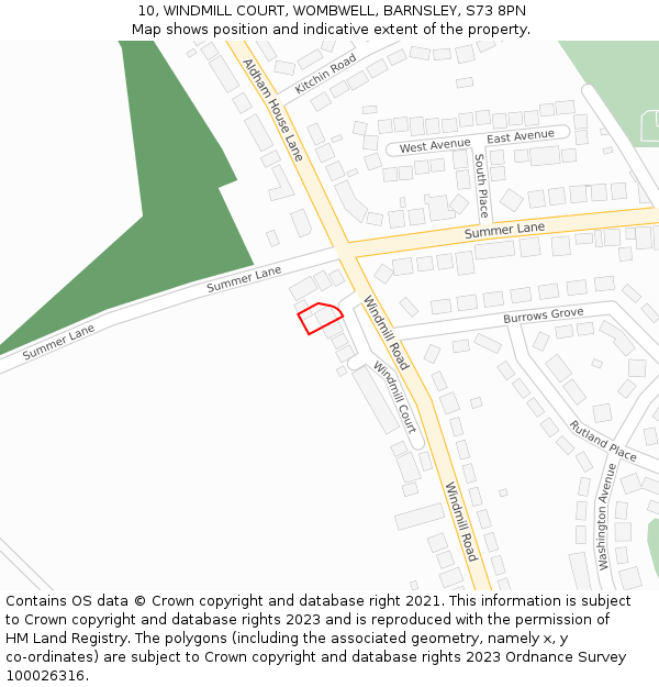 10, WINDMILL COURT, WOMBWELL, BARNSLEY, S73 8PN: Location map and indicative extent of plot