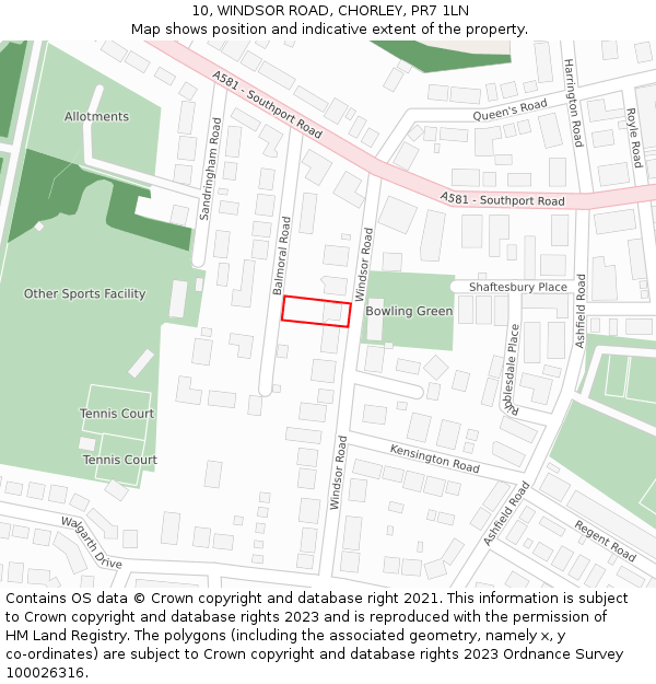 10, WINDSOR ROAD, CHORLEY, PR7 1LN: Location map and indicative extent of plot