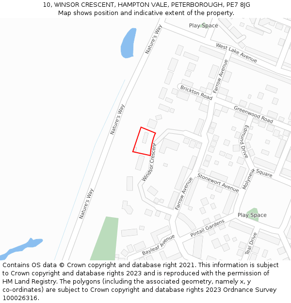 10, WINSOR CRESCENT, HAMPTON VALE, PETERBOROUGH, PE7 8JG: Location map and indicative extent of plot