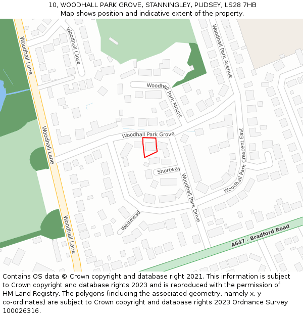 10, WOODHALL PARK GROVE, STANNINGLEY, PUDSEY, LS28 7HB: Location map and indicative extent of plot