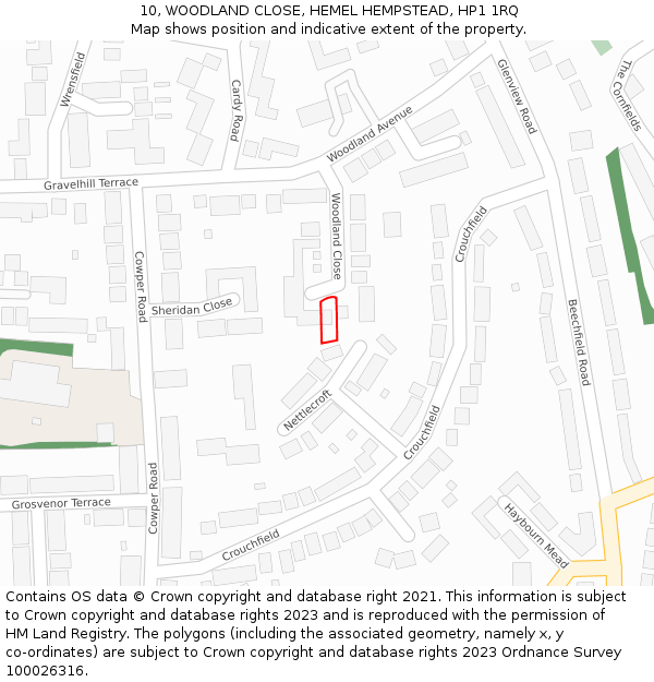 10, WOODLAND CLOSE, HEMEL HEMPSTEAD, HP1 1RQ: Location map and indicative extent of plot
