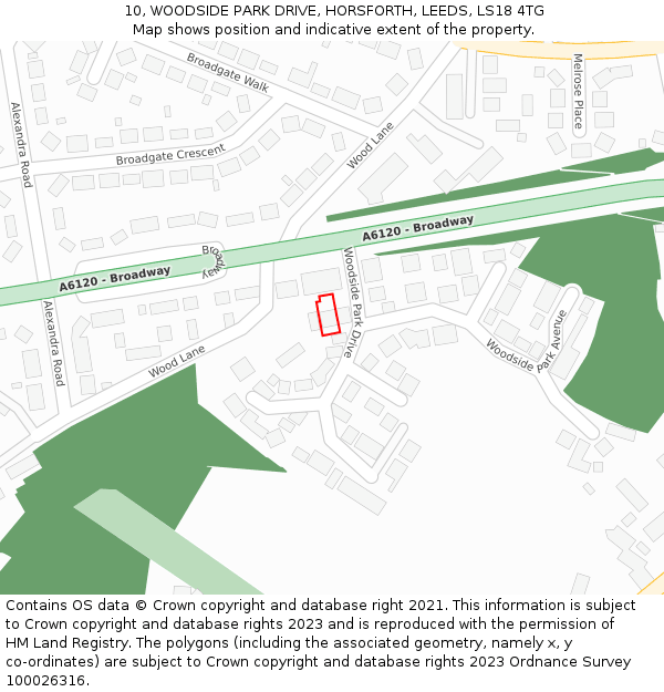 10, WOODSIDE PARK DRIVE, HORSFORTH, LEEDS, LS18 4TG: Location map and indicative extent of plot