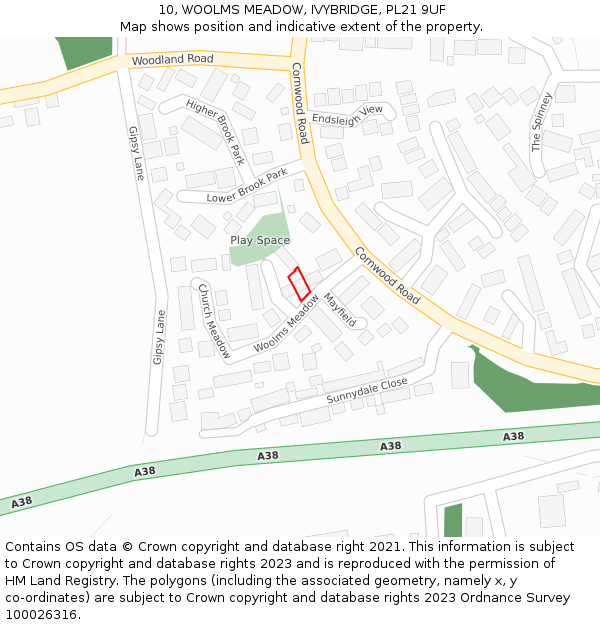 10, WOOLMS MEADOW, IVYBRIDGE, PL21 9UF: Location map and indicative extent of plot