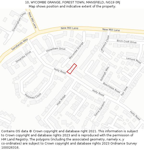 10, WYCOMBE GRANGE, FOREST TOWN, MANSFIELD, NG19 0RJ: Location map and indicative extent of plot