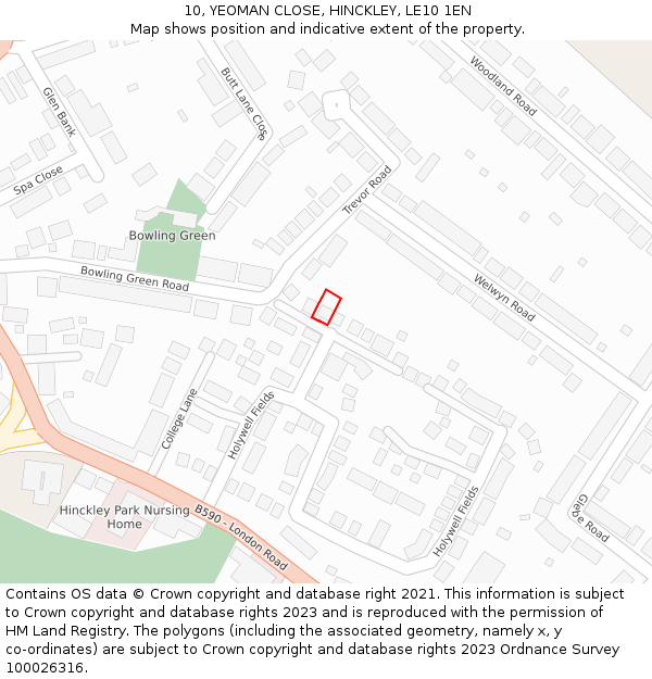 10, YEOMAN CLOSE, HINCKLEY, LE10 1EN: Location map and indicative extent of plot