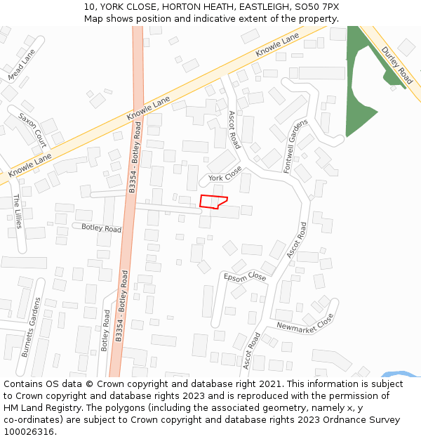 10, YORK CLOSE, HORTON HEATH, EASTLEIGH, SO50 7PX: Location map and indicative extent of plot