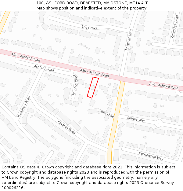 100, ASHFORD ROAD, BEARSTED, MAIDSTONE, ME14 4LT: Location map and indicative extent of plot