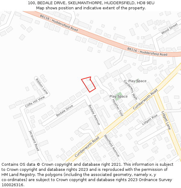 100, BEDALE DRIVE, SKELMANTHORPE, HUDDERSFIELD, HD8 9EU: Location map and indicative extent of plot