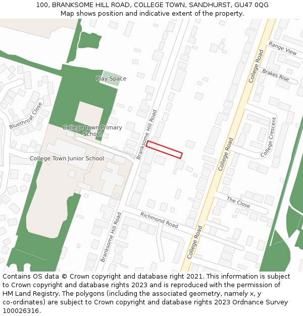 100, BRANKSOME HILL ROAD, COLLEGE TOWN, SANDHURST, GU47 0QG: Location map and indicative extent of plot