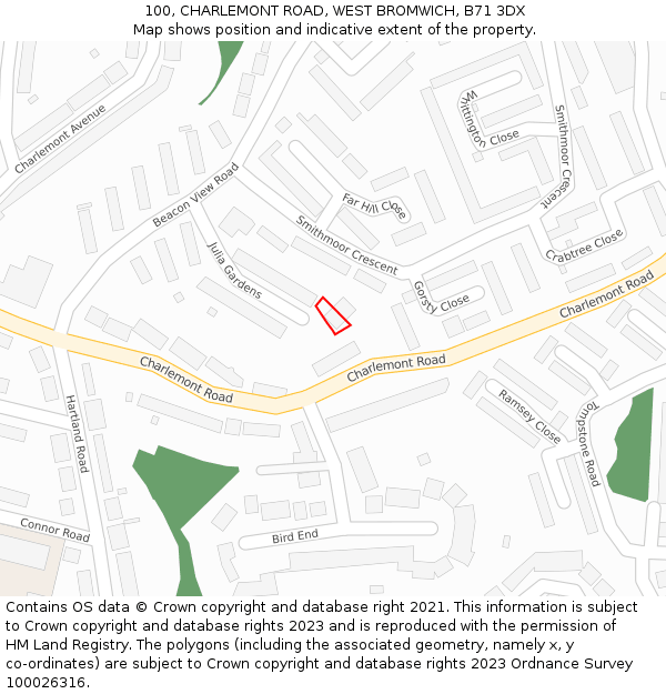 100, CHARLEMONT ROAD, WEST BROMWICH, B71 3DX: Location map and indicative extent of plot