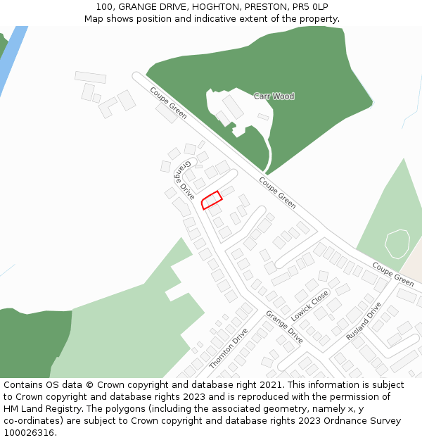 100, GRANGE DRIVE, HOGHTON, PRESTON, PR5 0LP: Location map and indicative extent of plot