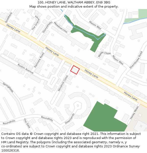 100, HONEY LANE, WALTHAM ABBEY, EN9 3BG: Location map and indicative extent of plot