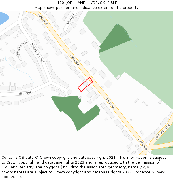 100, JOEL LANE, HYDE, SK14 5LF: Location map and indicative extent of plot