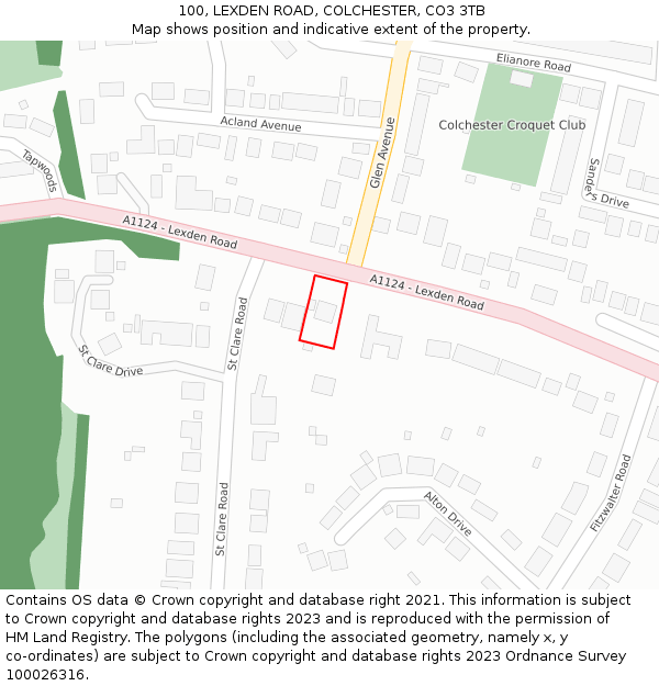 100, LEXDEN ROAD, COLCHESTER, CO3 3TB: Location map and indicative extent of plot