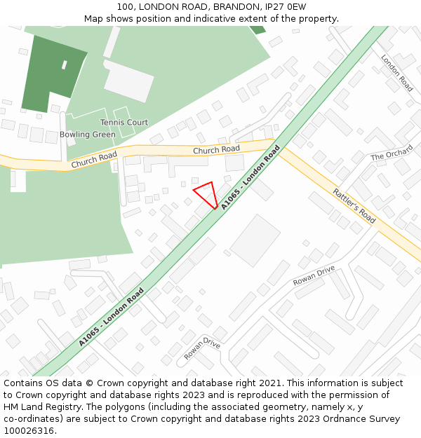 100, LONDON ROAD, BRANDON, IP27 0EW: Location map and indicative extent of plot
