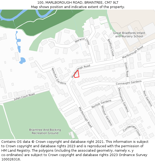 100, MARLBOROUGH ROAD, BRAINTREE, CM7 9LT: Location map and indicative extent of plot