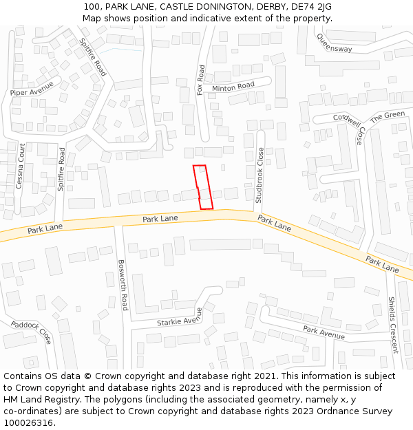 100, PARK LANE, CASTLE DONINGTON, DERBY, DE74 2JG: Location map and indicative extent of plot