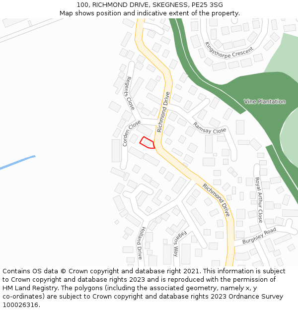 100, RICHMOND DRIVE, SKEGNESS, PE25 3SG: Location map and indicative extent of plot