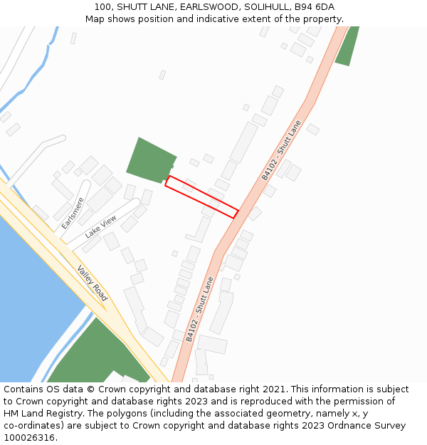 100, SHUTT LANE, EARLSWOOD, SOLIHULL, B94 6DA: Location map and indicative extent of plot