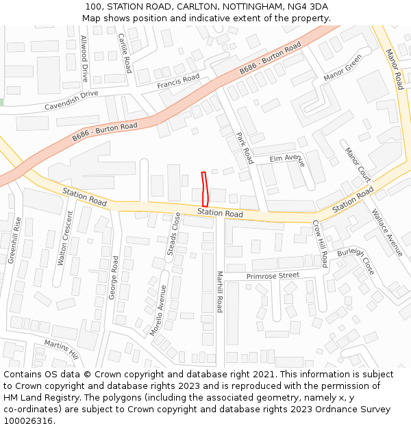 100, STATION ROAD, CARLTON, NOTTINGHAM, NG4 3DA: Location map and indicative extent of plot