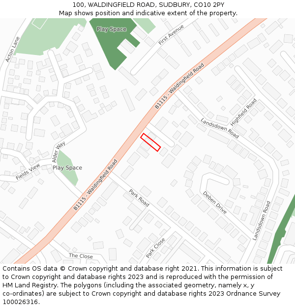 100, WALDINGFIELD ROAD, SUDBURY, CO10 2PY: Location map and indicative extent of plot