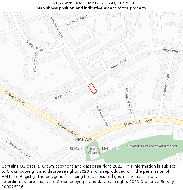 101, ALWYN ROAD, MAIDENHEAD, SL6 5EN: Location map and indicative extent of plot