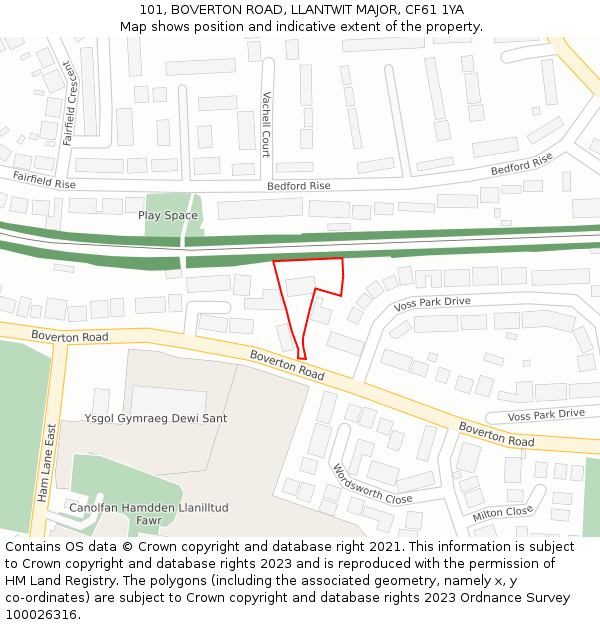 101, BOVERTON ROAD, LLANTWIT MAJOR, CF61 1YA: Location map and indicative extent of plot