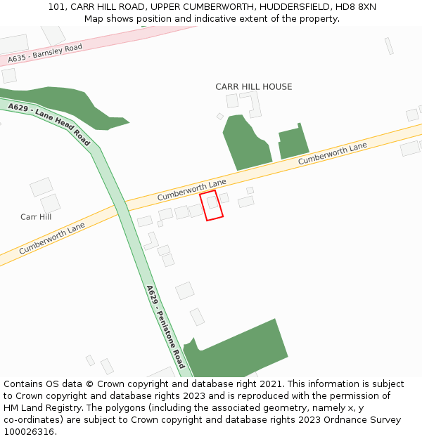 101, CARR HILL ROAD, UPPER CUMBERWORTH, HUDDERSFIELD, HD8 8XN: Location map and indicative extent of plot