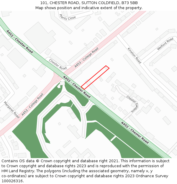 101, CHESTER ROAD, SUTTON COLDFIELD, B73 5BB: Location map and indicative extent of plot