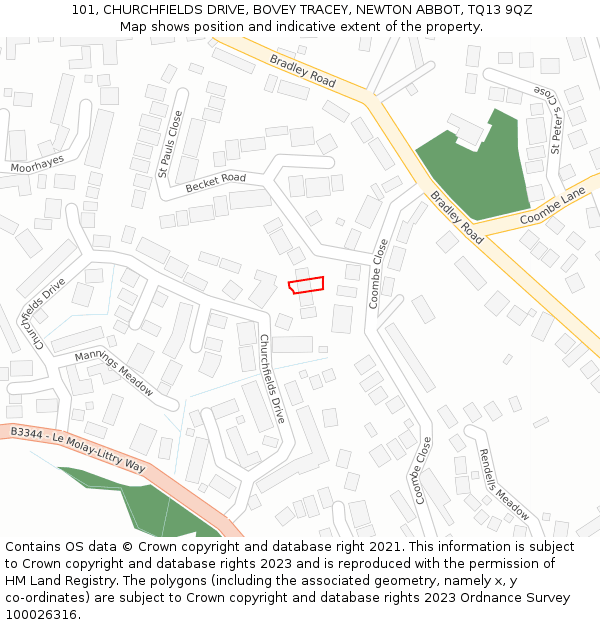 101, CHURCHFIELDS DRIVE, BOVEY TRACEY, NEWTON ABBOT, TQ13 9QZ: Location map and indicative extent of plot