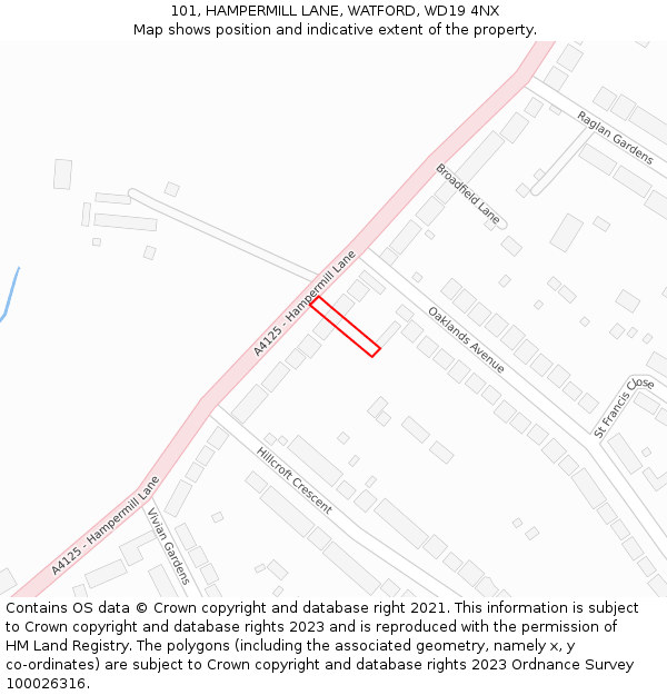 101, HAMPERMILL LANE, WATFORD, WD19 4NX: Location map and indicative extent of plot