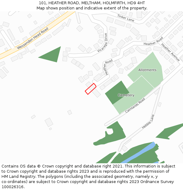 101, HEATHER ROAD, MELTHAM, HOLMFIRTH, HD9 4HT: Location map and indicative extent of plot