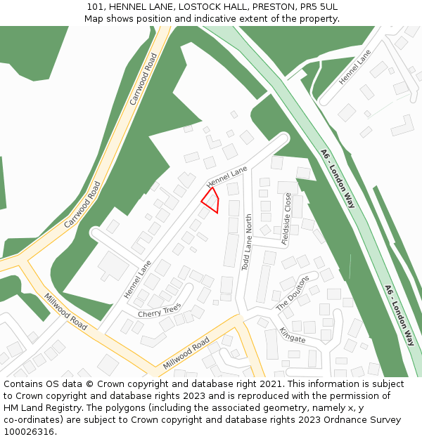 101, HENNEL LANE, LOSTOCK HALL, PRESTON, PR5 5UL: Location map and indicative extent of plot